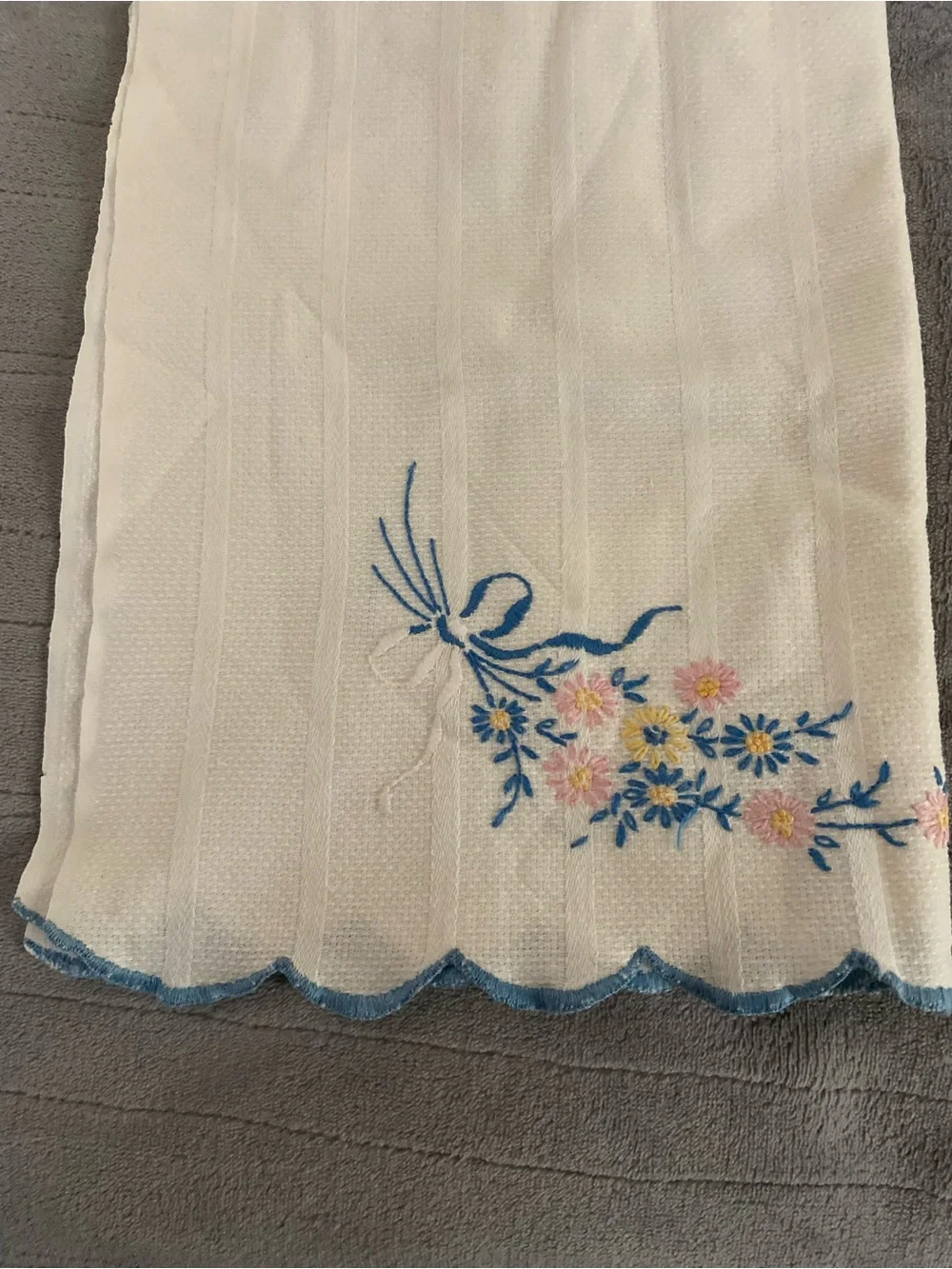 Embroidered Floral White tea towel with Blue Trim